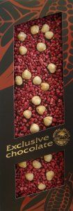 Mléčná čokoláda s lískovými oříšky a malinami 120g